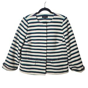 Talbots‎ Striped Tweed Blazer Jacket Women's Size 14P Navy Teal White Fringe